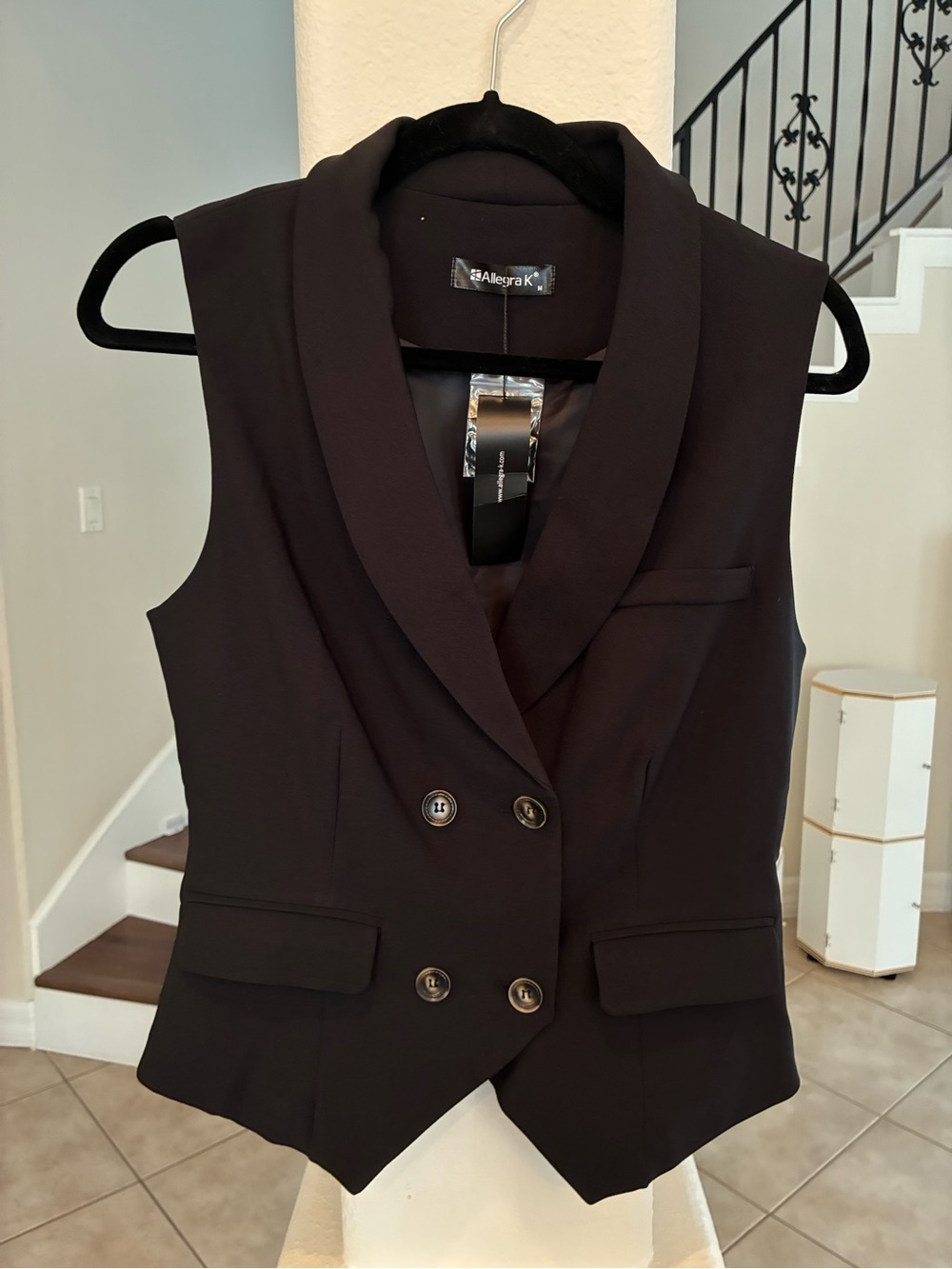 Allegra K Black Double-Breasted Sleeveless Vest